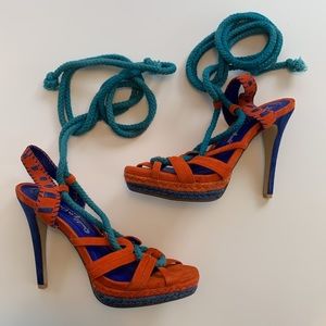 💙🧡 Jeffrey Campbell Duncan Suede Ankle Wrap Stiletto Platform Sandal 🧡💙
